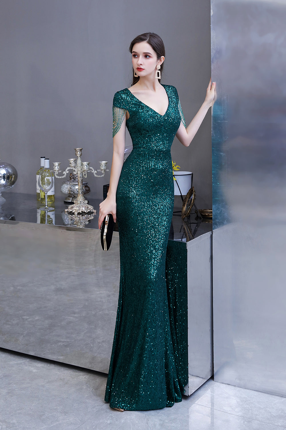 Elegant Cap Sleeve Green Sequins Long Prom Dress BIZTUNNEL Elegant Cap Sleeve Green Sequins Long Prom Dress BIZTUNNEL