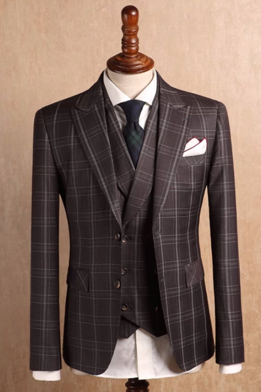 David Elegant Coffee Peaked Lapel Three Pieces Plaid Prom Suits