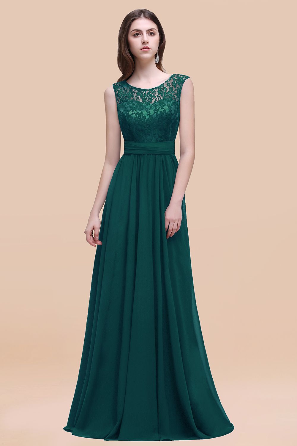 Elegant Dark Green A-line Chiffon Lace Scoop Long Bridesmaid Dress Elegant Dark Green A-line Chiffon Lace Scoop Long Bridesmaid Dress