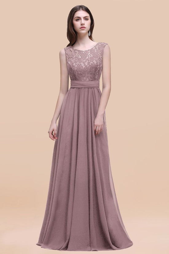 Elegant Dark Green A-line Chiffon Lace Scoop Long Bridesmaid Dress-BIZTUNNEL