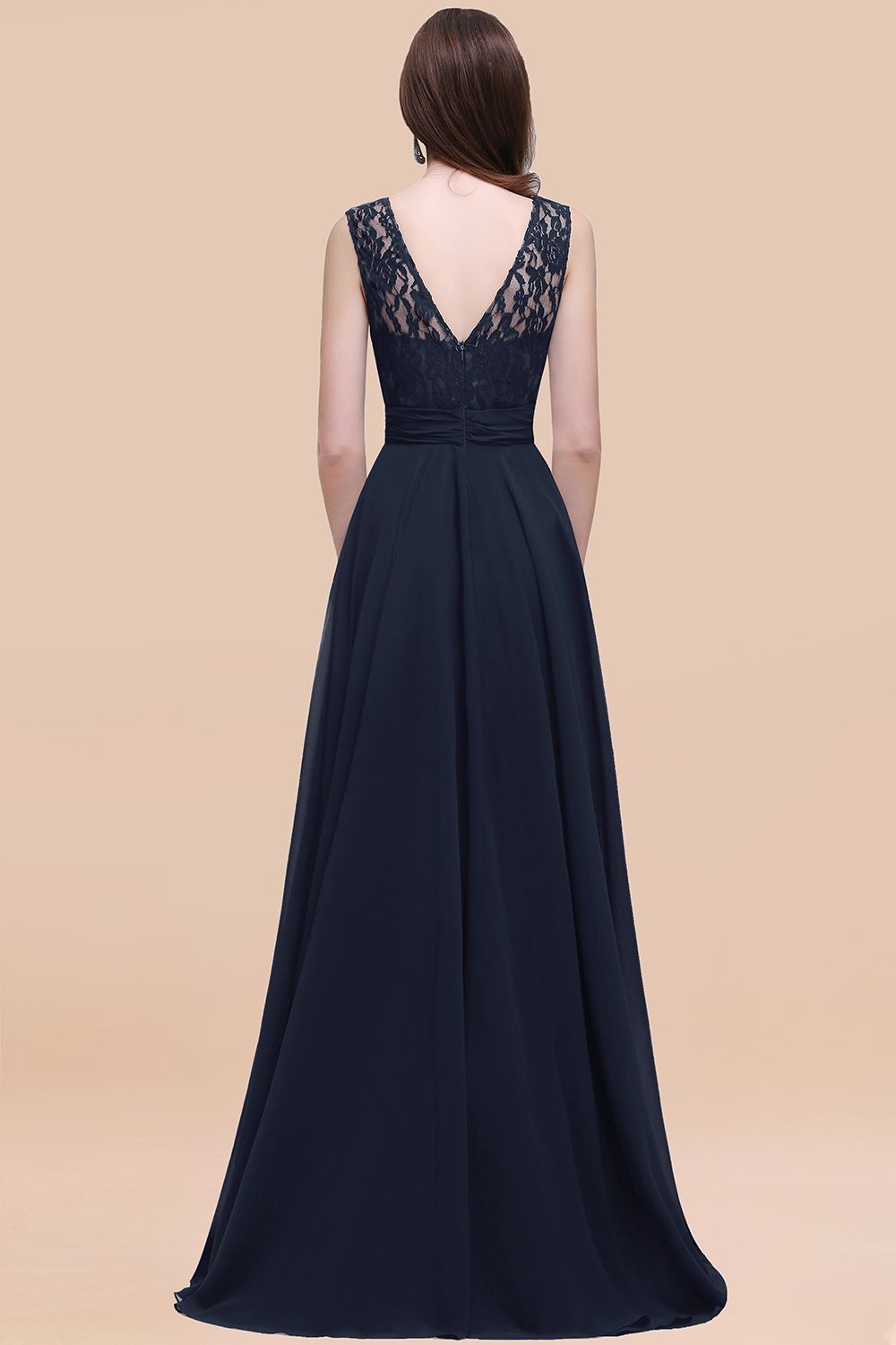 Elegant Dark Green A-line Chiffon Lace Scoop Long Bridesmaid Dress-BIZTUNNEL