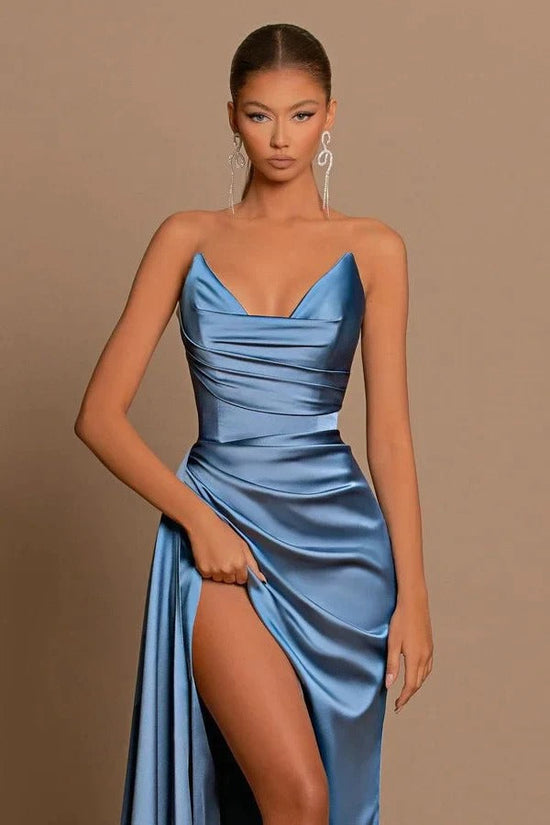 Elegant Dusty Blue Long Mermaid Sweetheart Sleeveless Formal Prom Dress With Slit-BIZTUNNEL