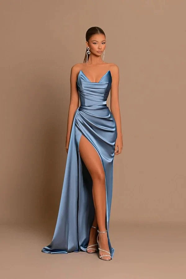 Elegant Dusty Blue Long Mermaid Sweetheart Sleeveless Formal Prom Dress With Slit Elegant Dusty Blue Long Mermaid Sweetheart Sleeveless Formal Prom Dress With Slit