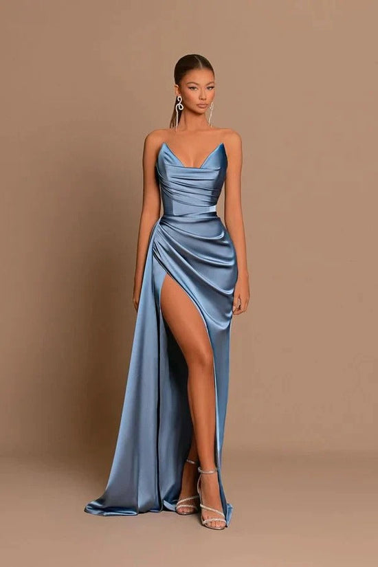 Elegant Dusty Blue Long Mermaid Sweetheart Sleeveless Formal Prom Dress With Slit-BIZTUNNEL