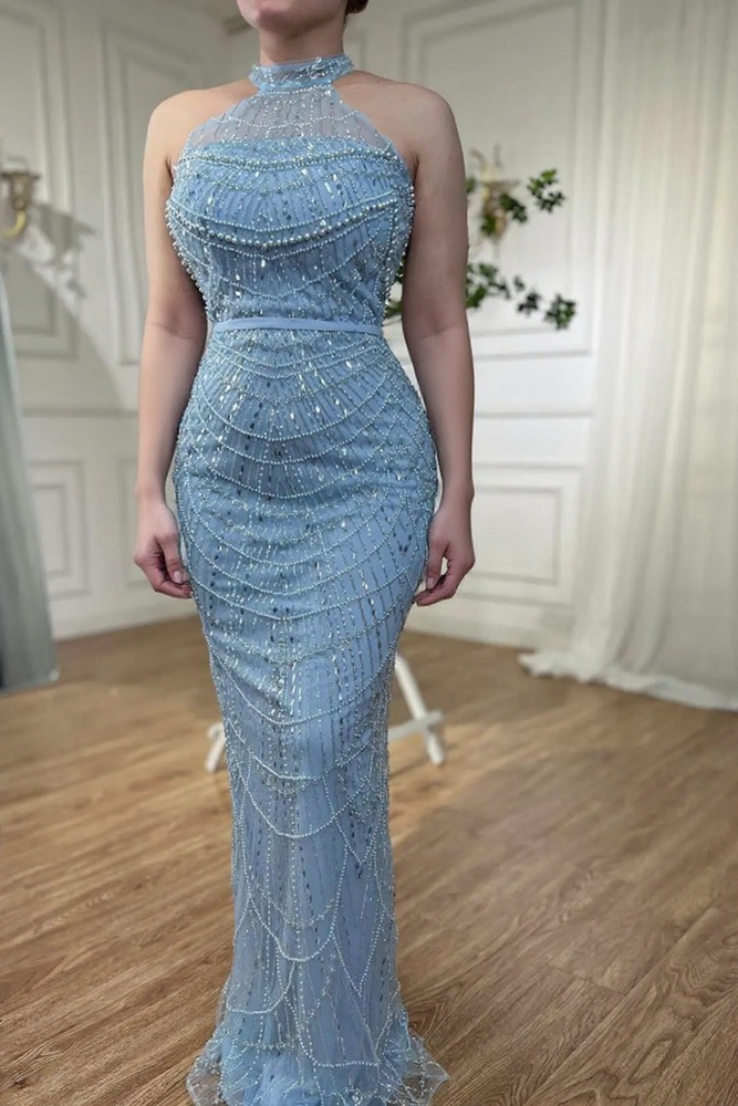 Elegant Long Halter Formal Mermaid Evening Dresses with Sash
