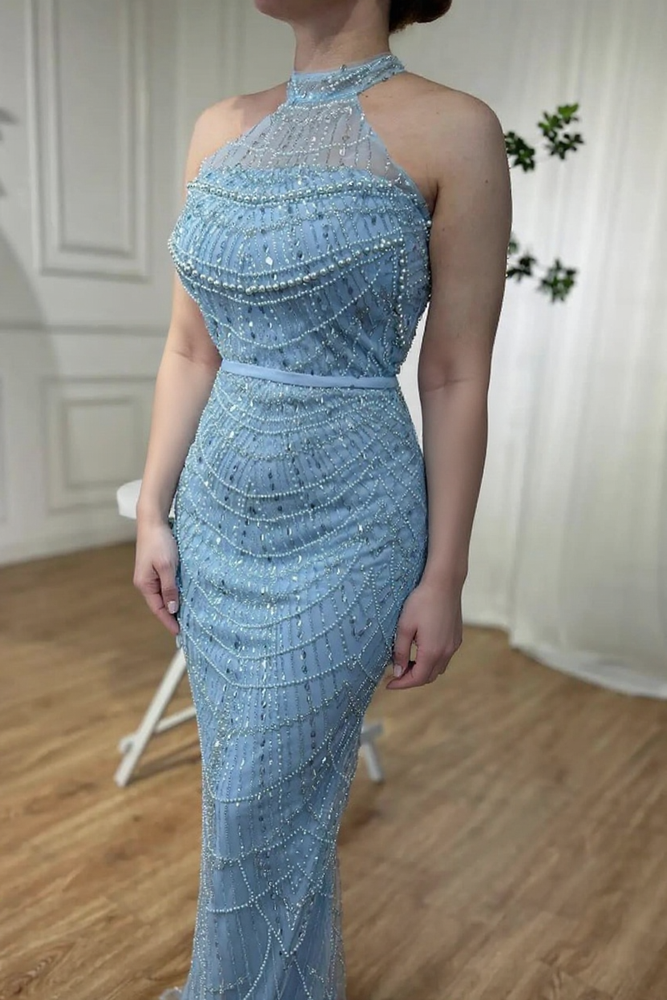 
                  
                    Elegant Long Halter Formal Mermaid Evening Dresses with Sash
                  
                