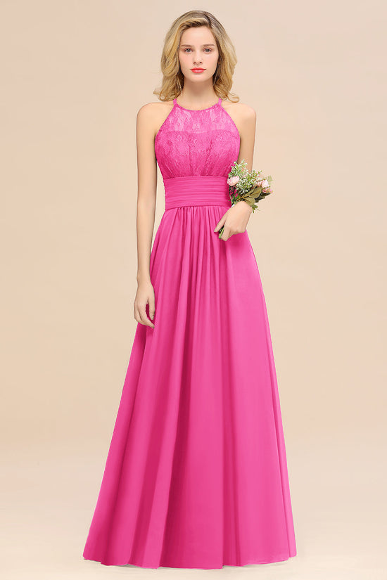 Charger l&amp;#39;image dans la galerie, Elegant Halter Ruffles Sleeveless Lace Grape Bridesmaid Dresses-BIZTUNNEL
