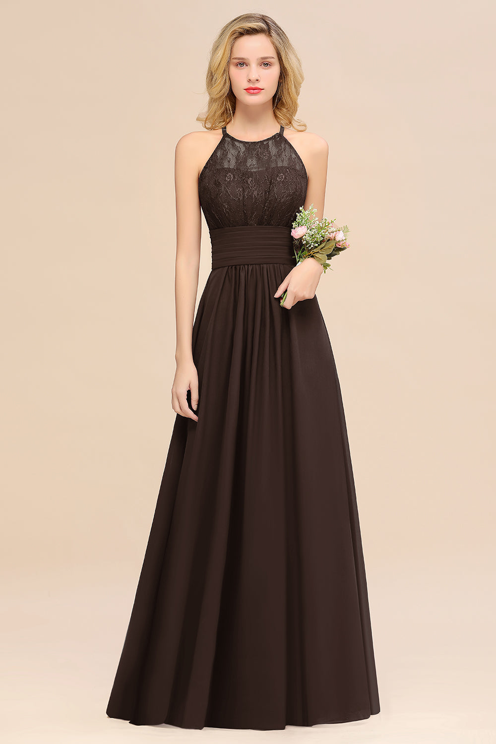 Elegant Halter Ruffles Sleeveless Lace Grape Bridesmaid Dresses BIZTUNNEL Elegant Halter Ruffles Sleeveless Lace Grape Bridesmaid Dresses BIZTUNNEL