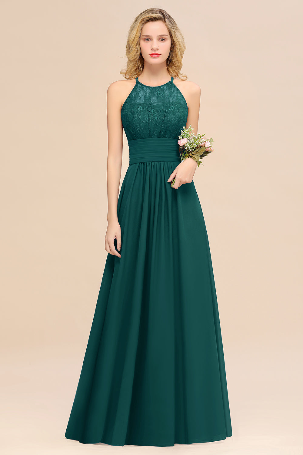 Elegant Halter Ruffles Sleeveless Lace Grape Bridesmaid Dresses BIZTUNNEL Elegant Halter Ruffles Sleeveless Lace Grape Bridesmaid Dresses BIZTUNNEL