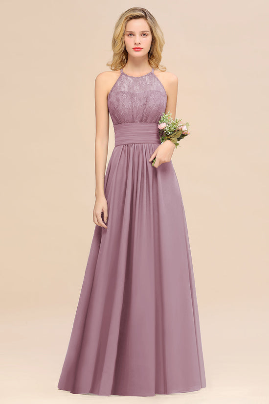 Elegant Halter Ruffles Sleeveless Lace Grape Bridesmaid Dresses-BIZTUNNEL