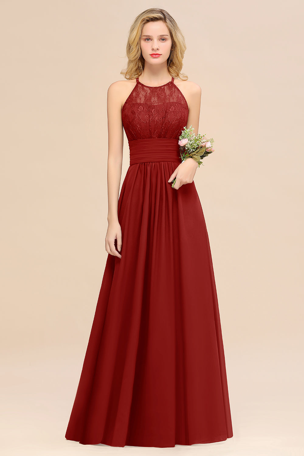 Elegant Halter Ruffles Sleeveless Lace Grape Bridesmaid Dresses BIZTUNNEL Elegant Halter Ruffles Sleeveless Lace Grape Bridesmaid Dresses BIZTUNNEL