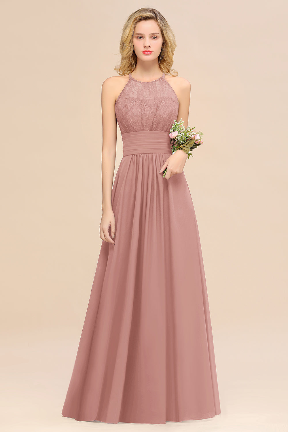 Charger l&amp;#39;image dans la galerie, Elegant Halter Ruffles Sleeveless Lace Grape Bridesmaid Dresses-BIZTUNNEL
