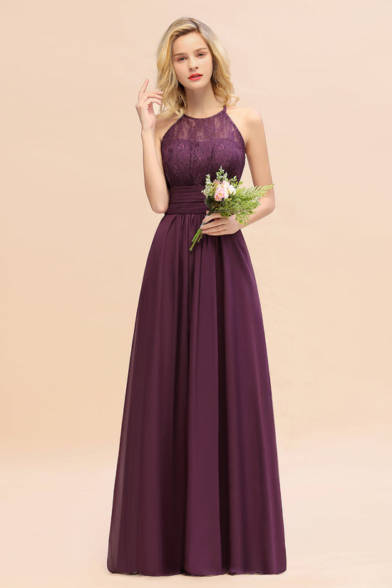 Elegant Halter Ruffles Sleeveless Lace Grape Bridesmaid Dresses-BIZTUNNEL
