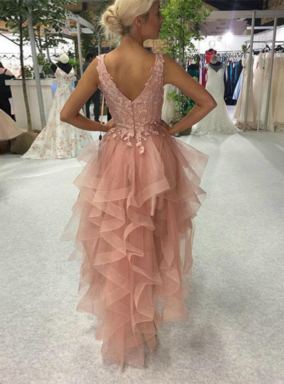 Carregar imagem no visualizador da galeria, Elegant High Low A-line V-neck Backless Lace Tulle Prom Dress-BIZTUNNEL
