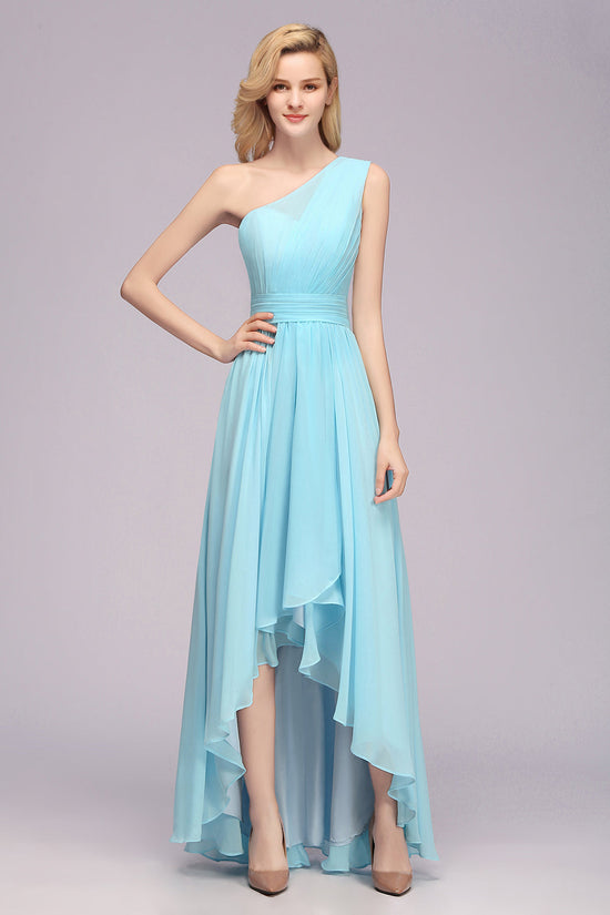 Elegant High Low One Shoulder A-line Chiffon Bridesmaid Dresses-BIZTUNNEL