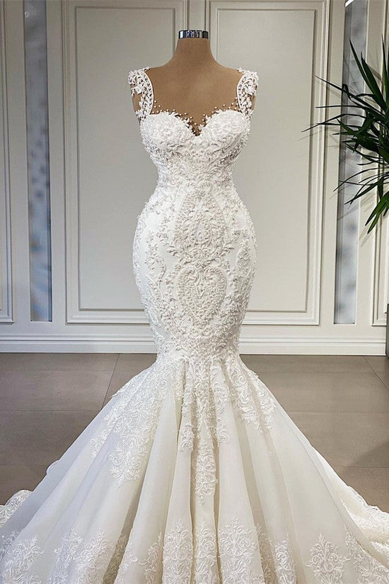 Cargar imagen en el visor de la Galería, Elegant Ivory Long Mermaid Sweetheart Ruffles Lace Wedding Dresses-BIZTUNNEL
