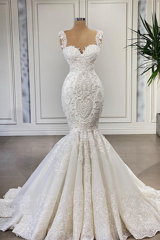Carregar imagem no visualizador da galeria, Elegant Ivory Long Mermaid Sweetheart Ruffles Lace Wedding Dresses-BIZTUNNEL
