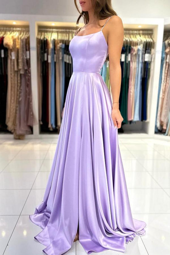 Elegant Lilac Long A-line Spaghetti Straps Lace-Up Satin Prom Dresses-BIZTUNNEL