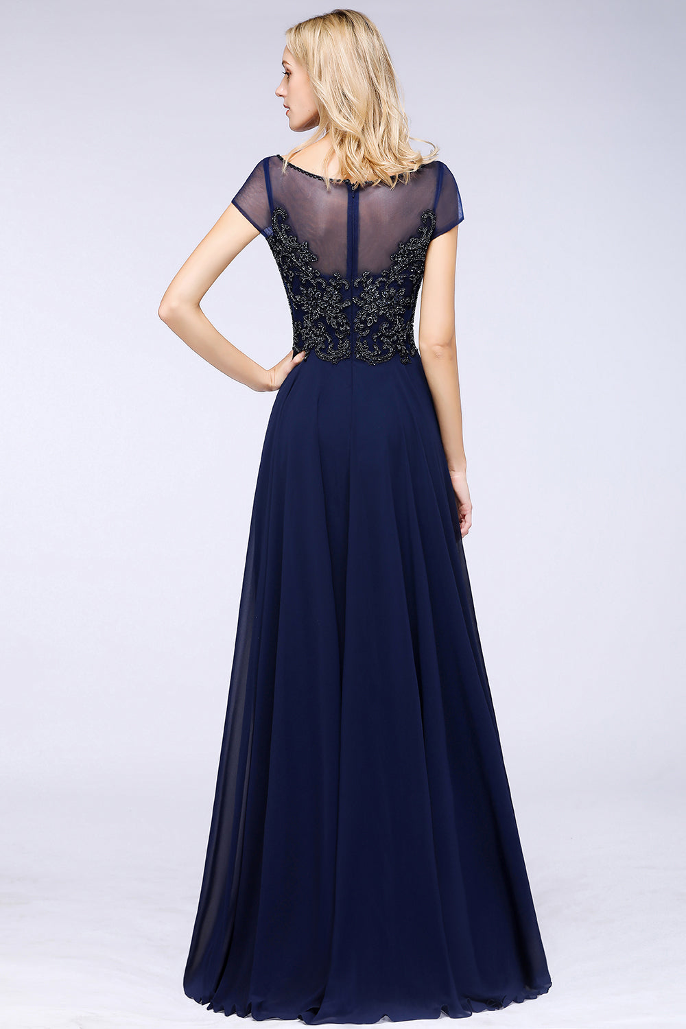 Elegant Long A-Line Appliques Beads Chiffon Bridesmaid Dress with Sleeves-BIZTUNNEL