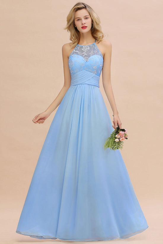 Load image into Gallery viewer, Elegant Long A-line Appliques Halter Chiffon Bridesmaid Dress Online-BIZTUNNEL
