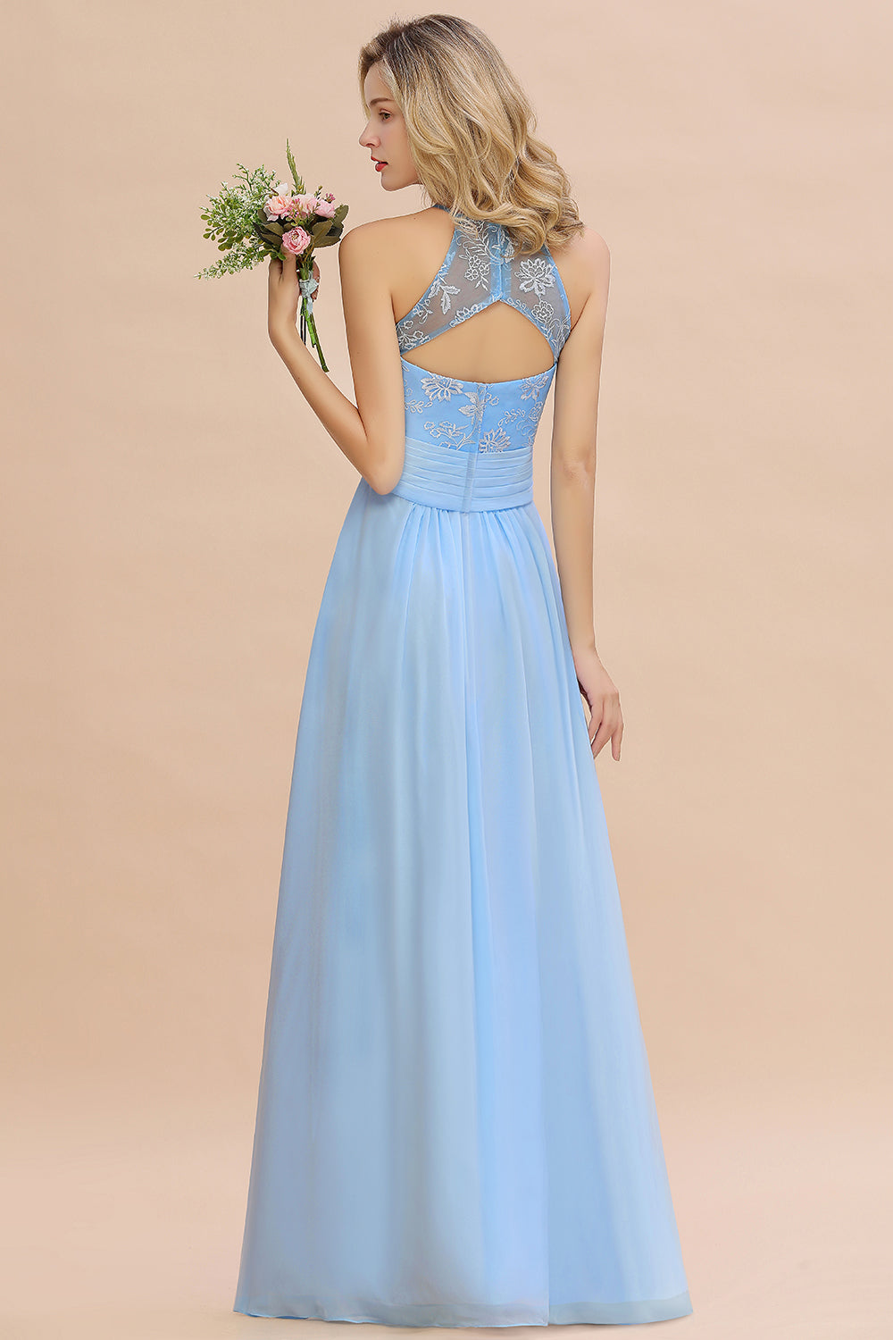 Elegant Long A-line Appliques Halter Chiffon Bridesmaid Dress Online-BIZTUNNEL