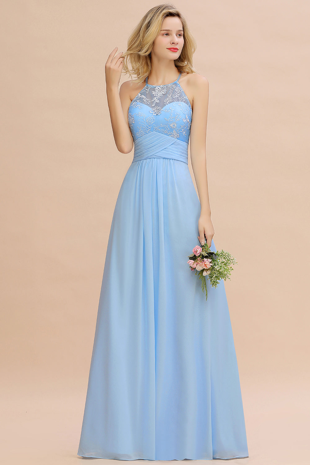 Load image into Gallery viewer, Elegant Long A-line Appliques Halter Chiffon Bridesmaid Dress Online-BIZTUNNEL
