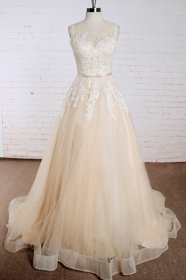 Elegant Long A-line Appliques Lace Tulle Wedding Dress-BIZTUNNEL