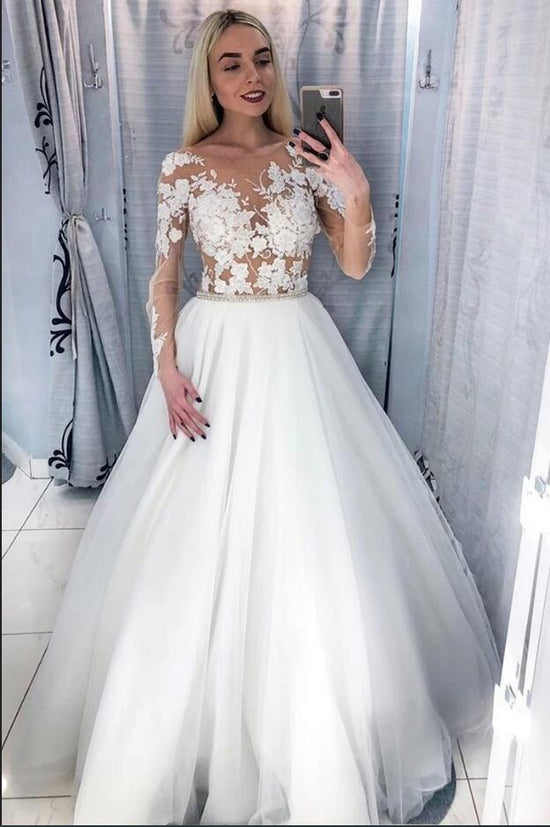 Elegant Long A-Line Bateau Appliques Lace Tulle Wedding Dress with Sleeves-BIZTUNNEL