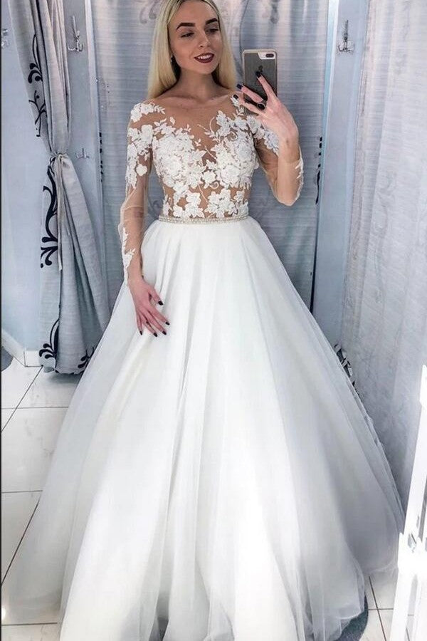 Elegant Long A-line Appliques Lace Tulle Wedding Dress