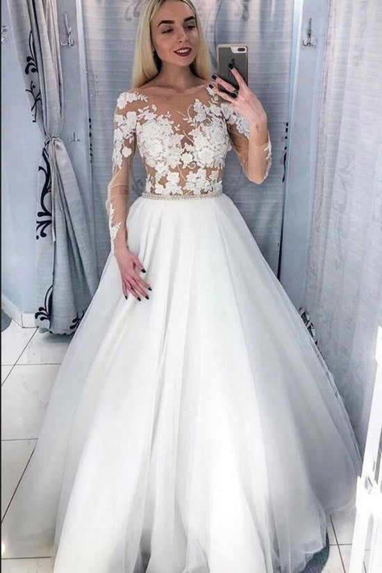 Elegant Long A-Line Bateau Appliques Lace Tulle Wedding Dress with Sleeves-BIZTUNNEL