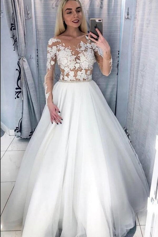 Gorgeous Long A-Line Bateau Appliques Lace Prom Dress with Sleeves main image 1