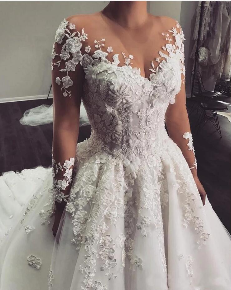Gorgeous Long Princess Bateau Appliques Lace Backless Ruffles Wedding Dress with Sleeves main image 0