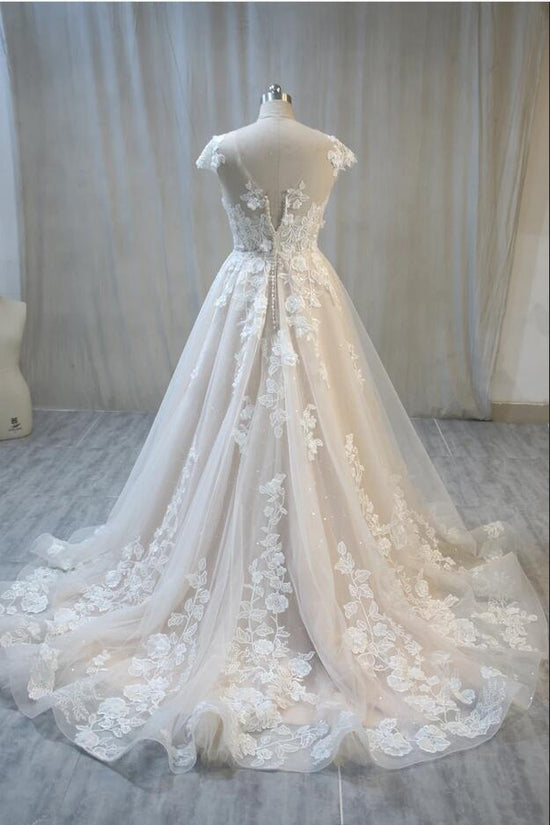 Elegant Long A-Line Bateau Backless Appliques Lace Tulle Wedding Dress-BIZTUNNEL
