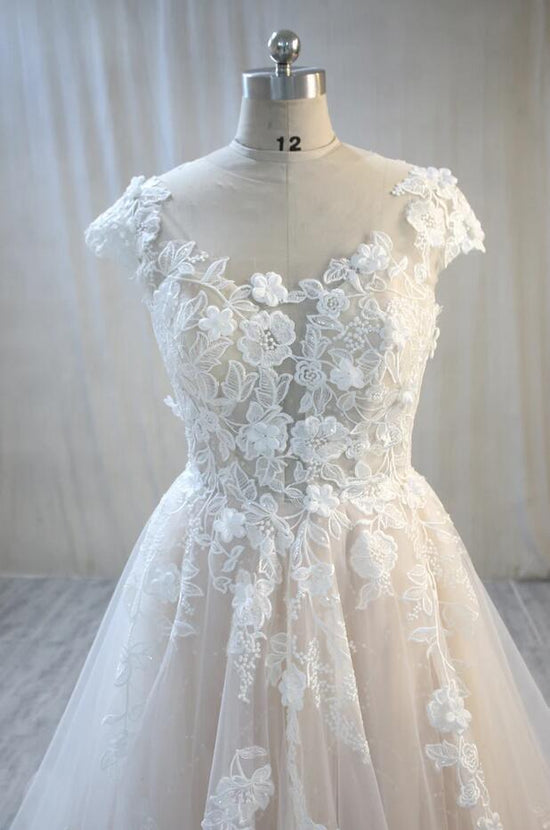 Elegant Long A-Line Bateau Backless Appliques Lace Tulle Wedding Dress-BIZTUNNEL