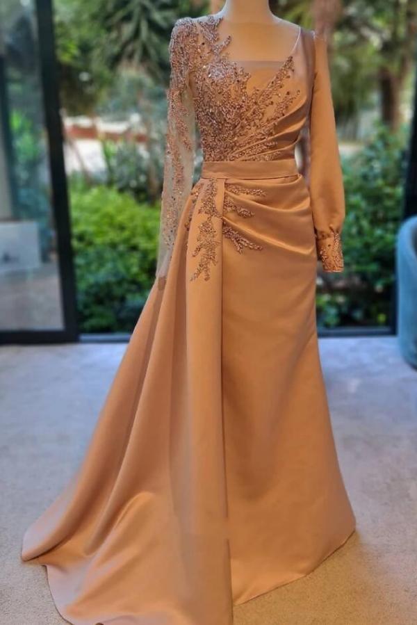 
                  
                    Elegant Long A-line Bateau Lace Ruffles Satin Prom Dress with Sleeves-BIZTUNNEL
                  
                