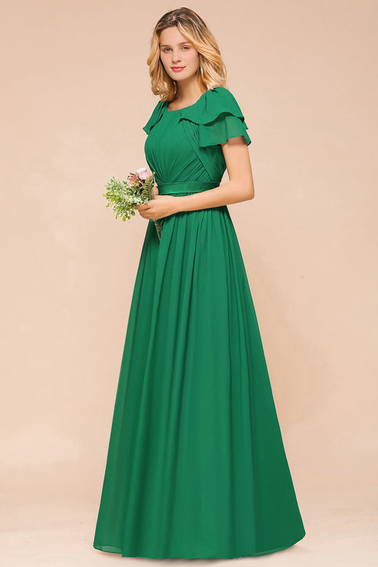 Load image into Gallery viewer, Elegant Long A-line Bateau Ruched Chiffon Bridesmaid Dress with Sleeves-BIZTUNNEL
