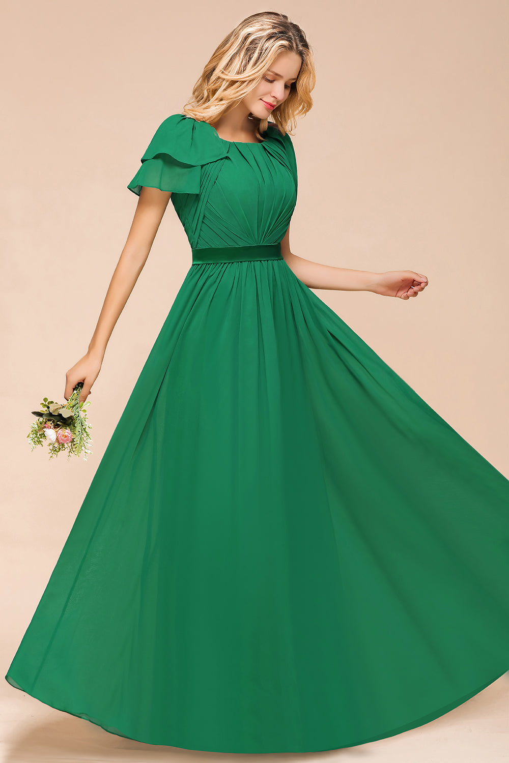 Bateau Neckline Chiffon Ruched Floor-length Dress Lime Green