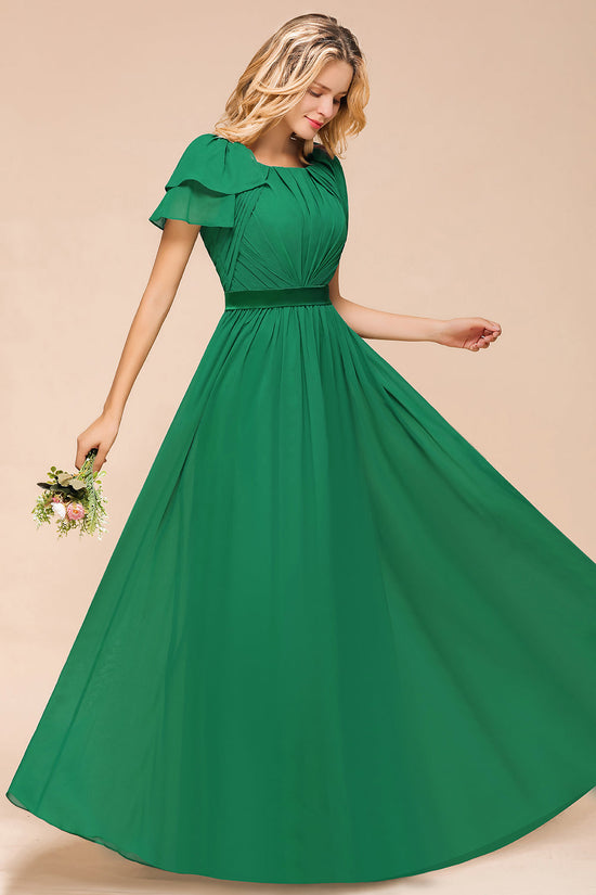 Load image into Gallery viewer, Elegant Long A-line Bateau Ruched Chiffon Bridesmaid Dress with Sleeves-BIZTUNNEL

