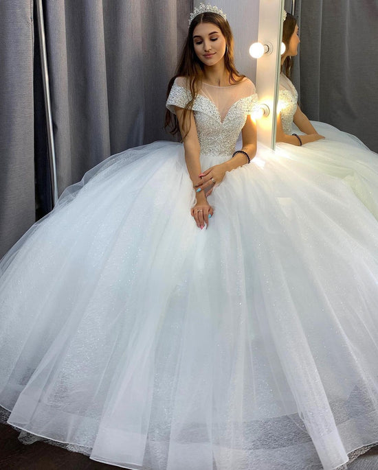 Elegant Long A-Line Bateau Sequins Crystal Tulle Train Wedding Dress with Sleeves-BIZTUNNEL