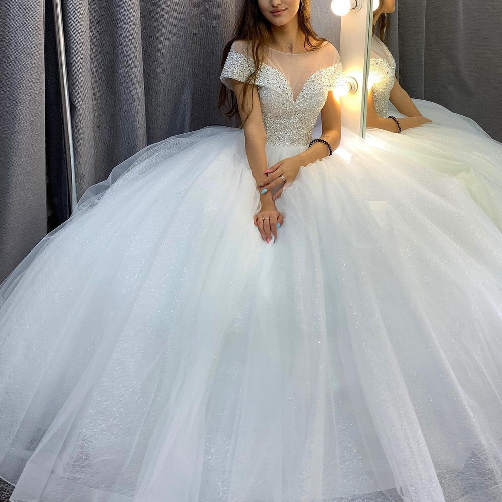 Elegant Long A-Line Bateau Sequins Crystal Tulle Train Wedding Dress with Sleeves-BIZTUNNEL
