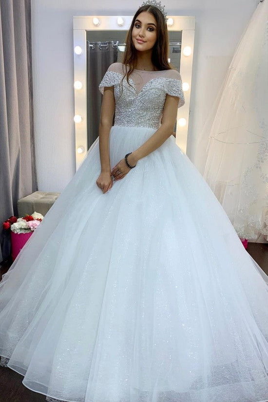 Elegant Long A-Line Bateau Sequins Crystal Tulle Train Wedding Dress with Sleeves-BIZTUNNEL