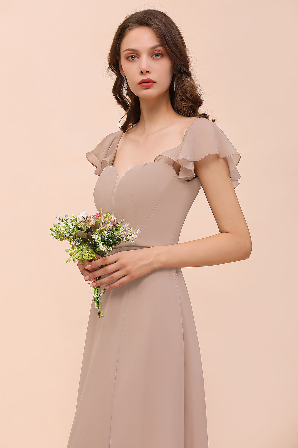 Elegant A-line Chiffon Ruffles Floor-length Split Bridesmaid Dress With Pockets