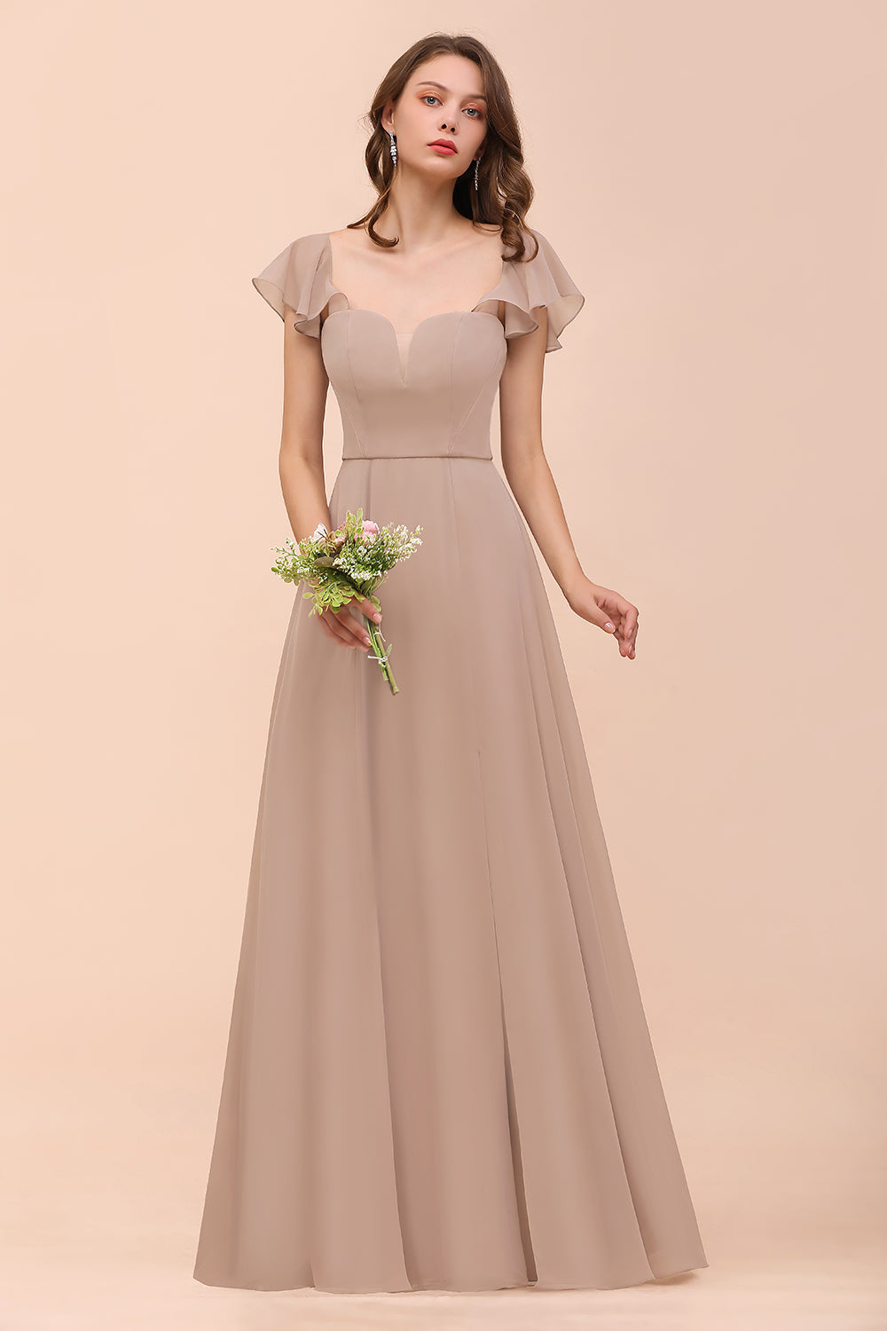 Chiffon Bridesmaid Gown with Slit and Cap Sleeves Lemon