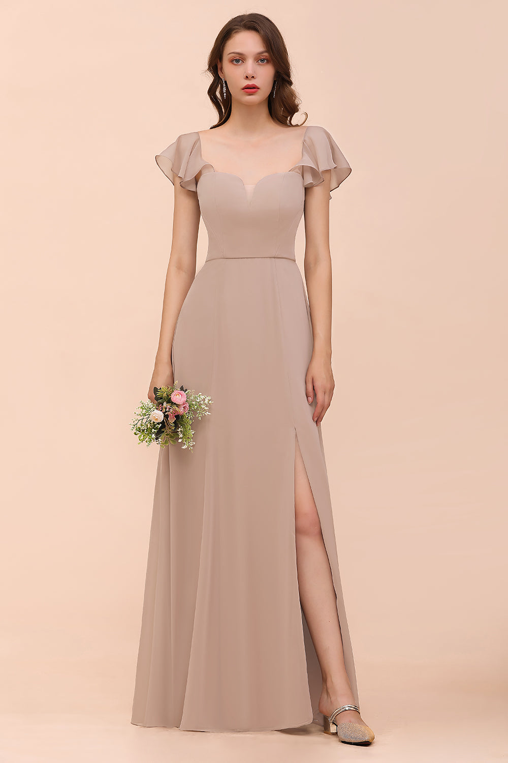 Elegant Long A-line Chiffon Front Slit Chiffon Bridesmaid Dress with S