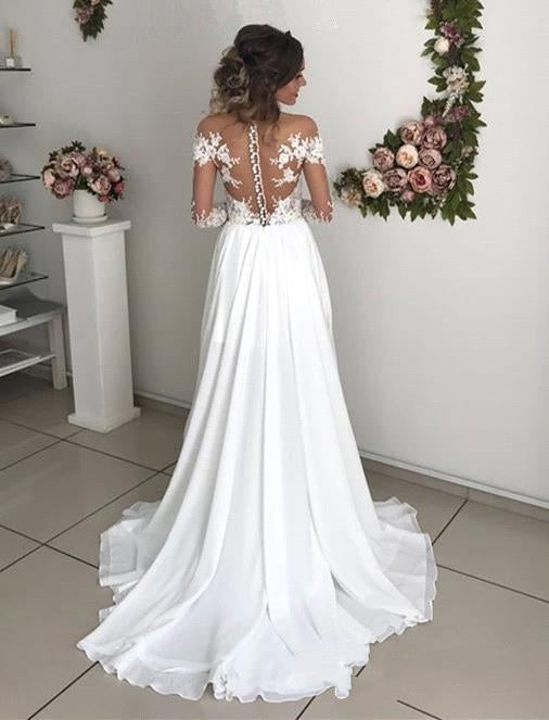 Elegant Long A-line Chiffon Lace Long Sleeves Wedding Dress with Slit-BIZTUNNEL