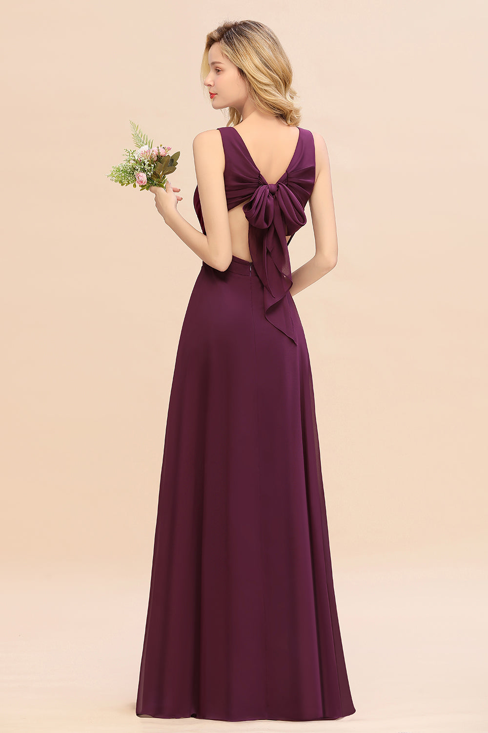 Elegant Long A-line Chiffon V-neck Bridesmaid Dress With Bowknot-BIZTUNNEL