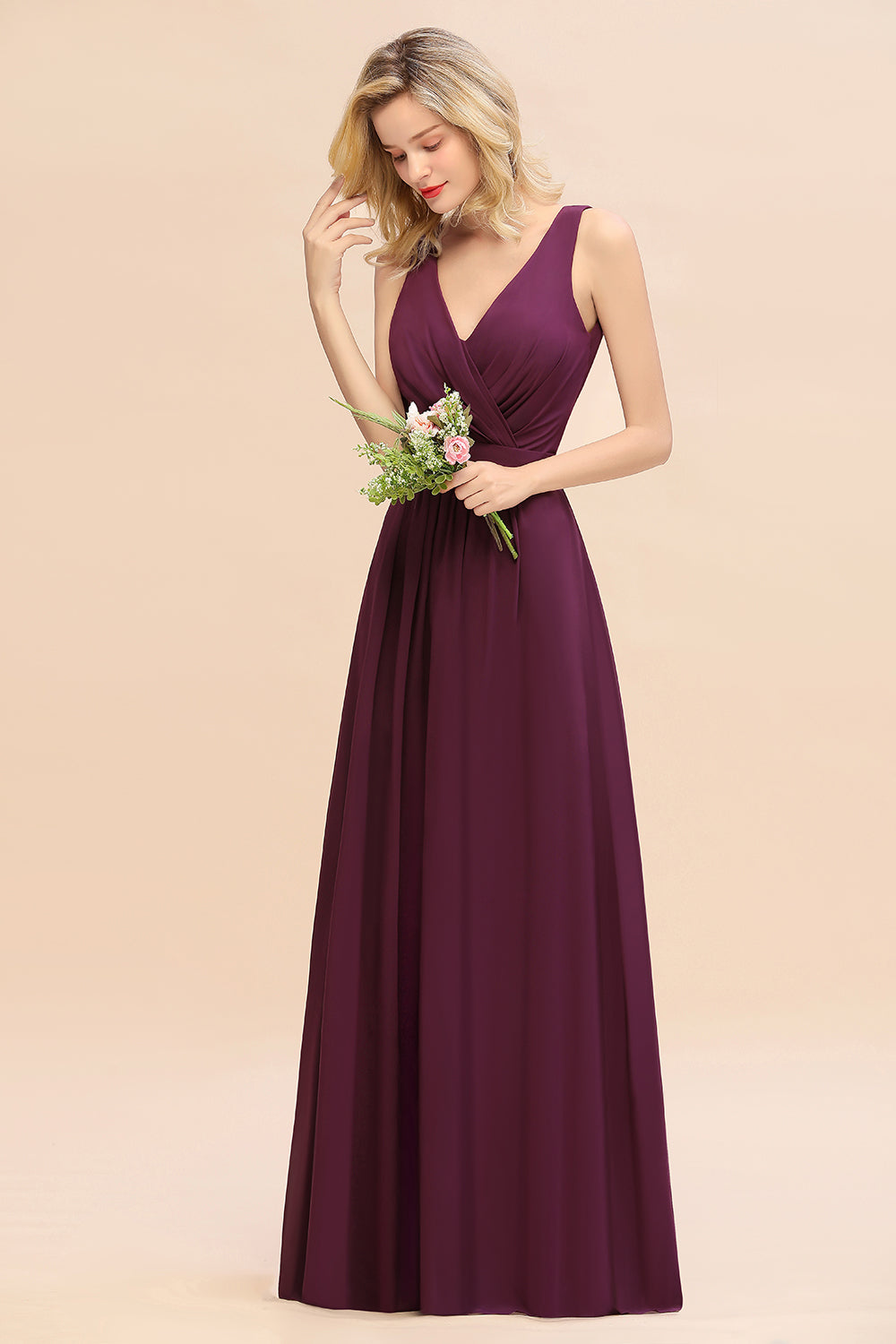 Elegant Long A-line Chiffon V-neck Bridesmaid Dress With Bowknot-BIZTUNNEL