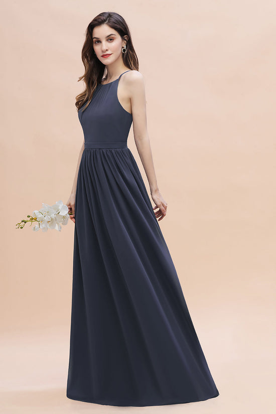 Elegant Long A-Line Halter Chiffon Backless Bridesmaid Dress-BIZTUNNEL