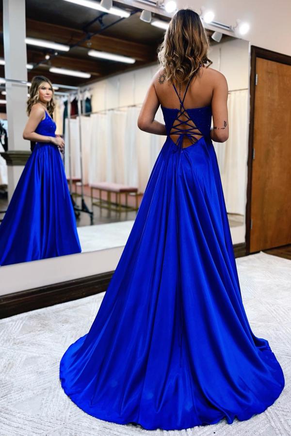 Elegant Long A-Line Halter Satin Front Slit Backless Prom Dress with Pocktes Elegant Long A-Line Halter Satin Front Slit Backless Prom Dress with Pocktes