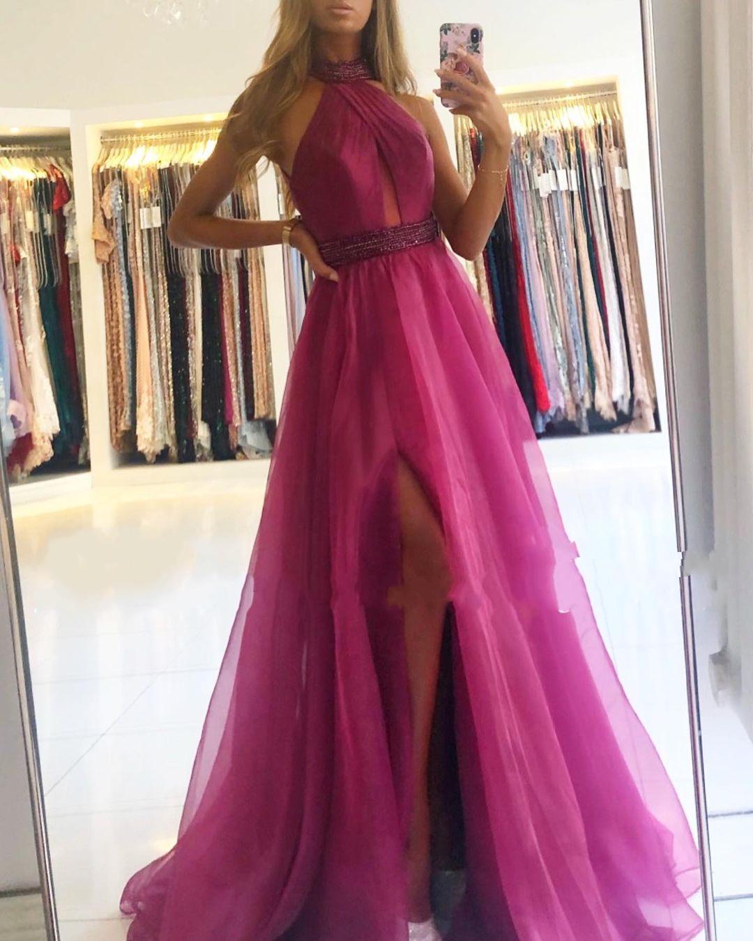 Load image into Gallery viewer, Elegant Long A-Line Halter Tulle Prom Dress With Slit-BIZTUNNEL
